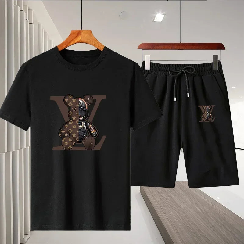 Men's short-sleeved T-shirt sportswear set, summer casual outdoor fashion men's round-neck top + Shorts 2-piece set