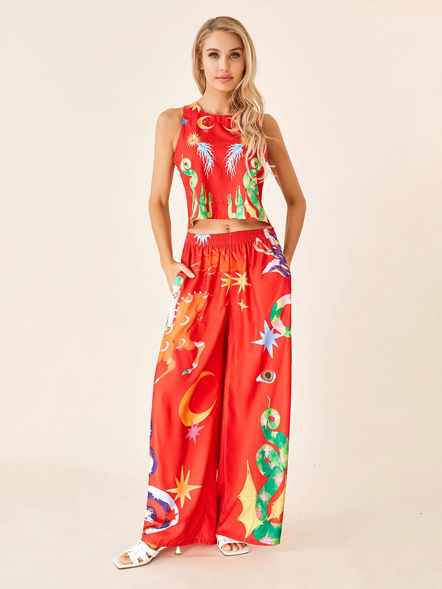Women s Retro Style Crop Top and High Waisted Wide Leg Pants Set with Abstract Print Sleeveless Tank Top and Loose Fit