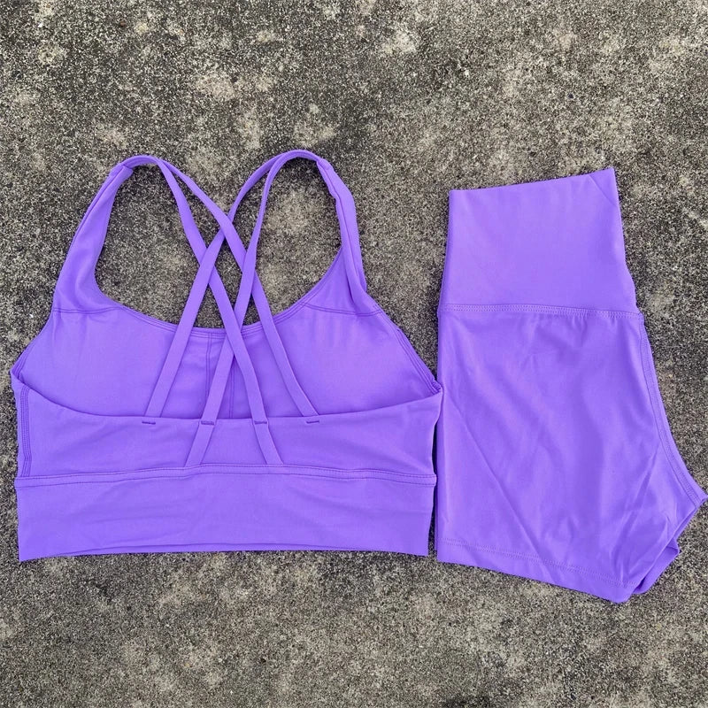 Yoga Clothes 2 Piece Gym Sports Shorts Set Women Cross Back Bra Top High Waist Shorts Fitness Suit Running Workout Tracksuit