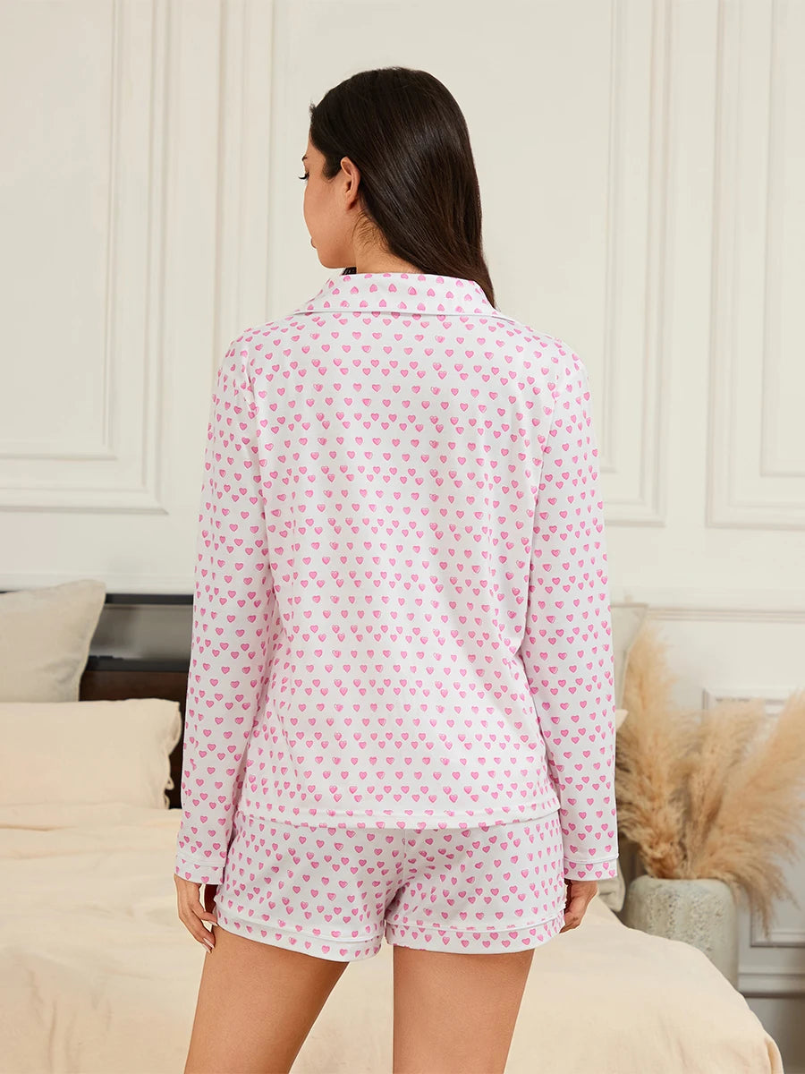 Pink Floral Print Pajama Set V-Neck Long Sleeve Button Down Top Drawstring Waist Shorts 2 Piece Lounge Outfits