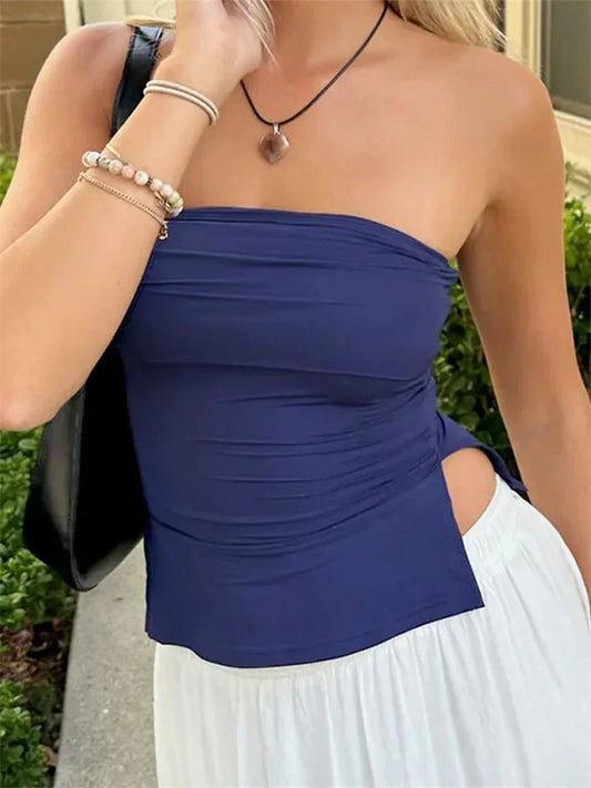 Women Tube Tops Solid Color Strapless Slit Tank Tops Summer  Bandeau Cropped Tops Streetwear