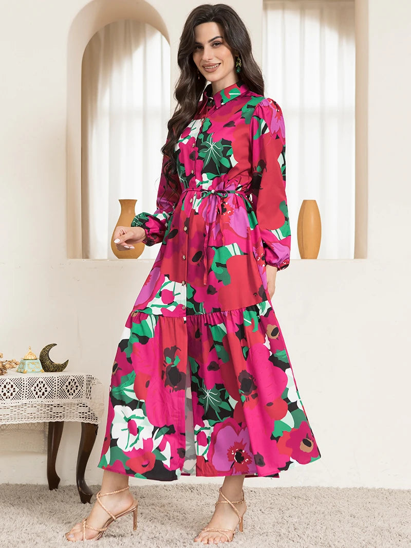 Pointed Collar Long Sleeve Button Belted Floral Print Maxi Dress in Rose Pink