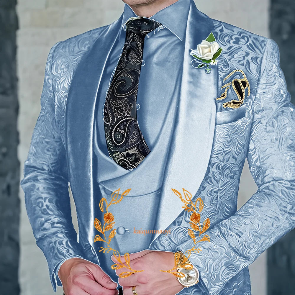 Jacquard Elegant Men's 3 Piece Suit Set Wedding Groom Tuxedo Jacket Pants Vest Formal Party Dress