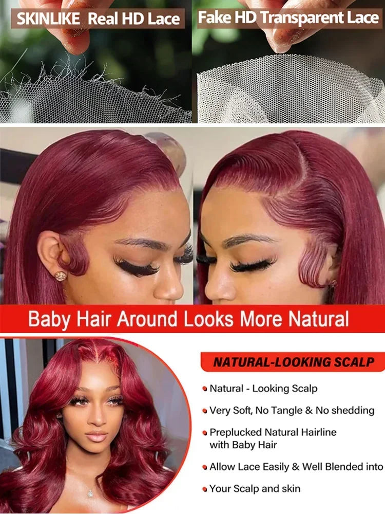 99J Burgundy Body Wave 13x4 Lace Front Wig 13x6 100% Human Hair HD Transparent 30 40 Inch Lace Frontal Wigs Red Wine Brazilian