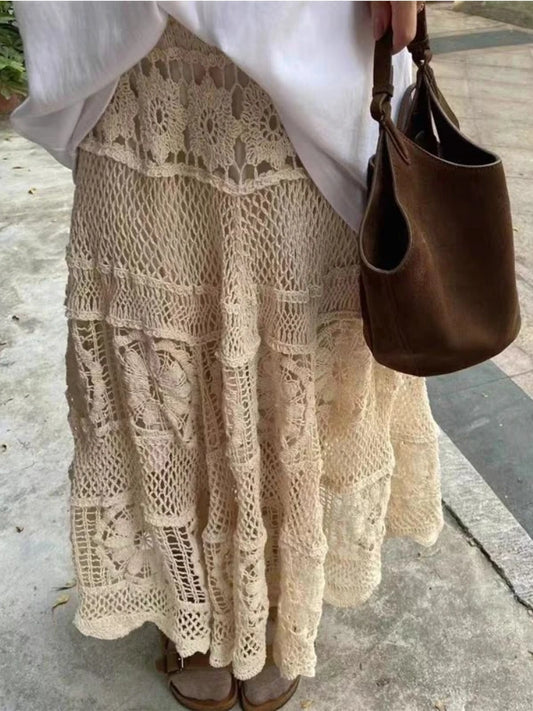 Vintage French Hollow Out Hook Flower Design Knit Skirt Vintage A-line Skirt