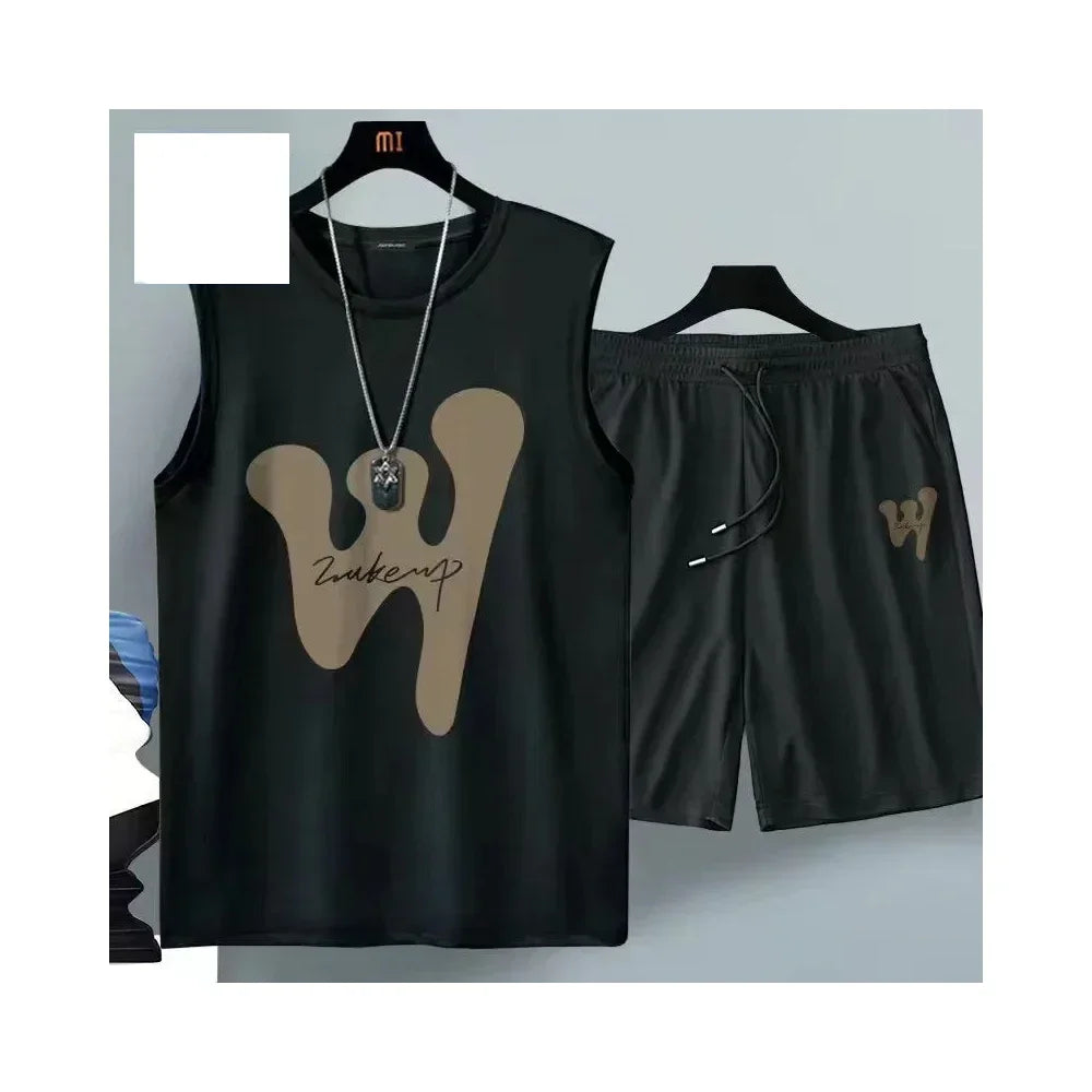 Summer Men Clothing  Breathable fashion Sportswear Basketball suit casual short-sleeved T-shirt + shorts 2-piece