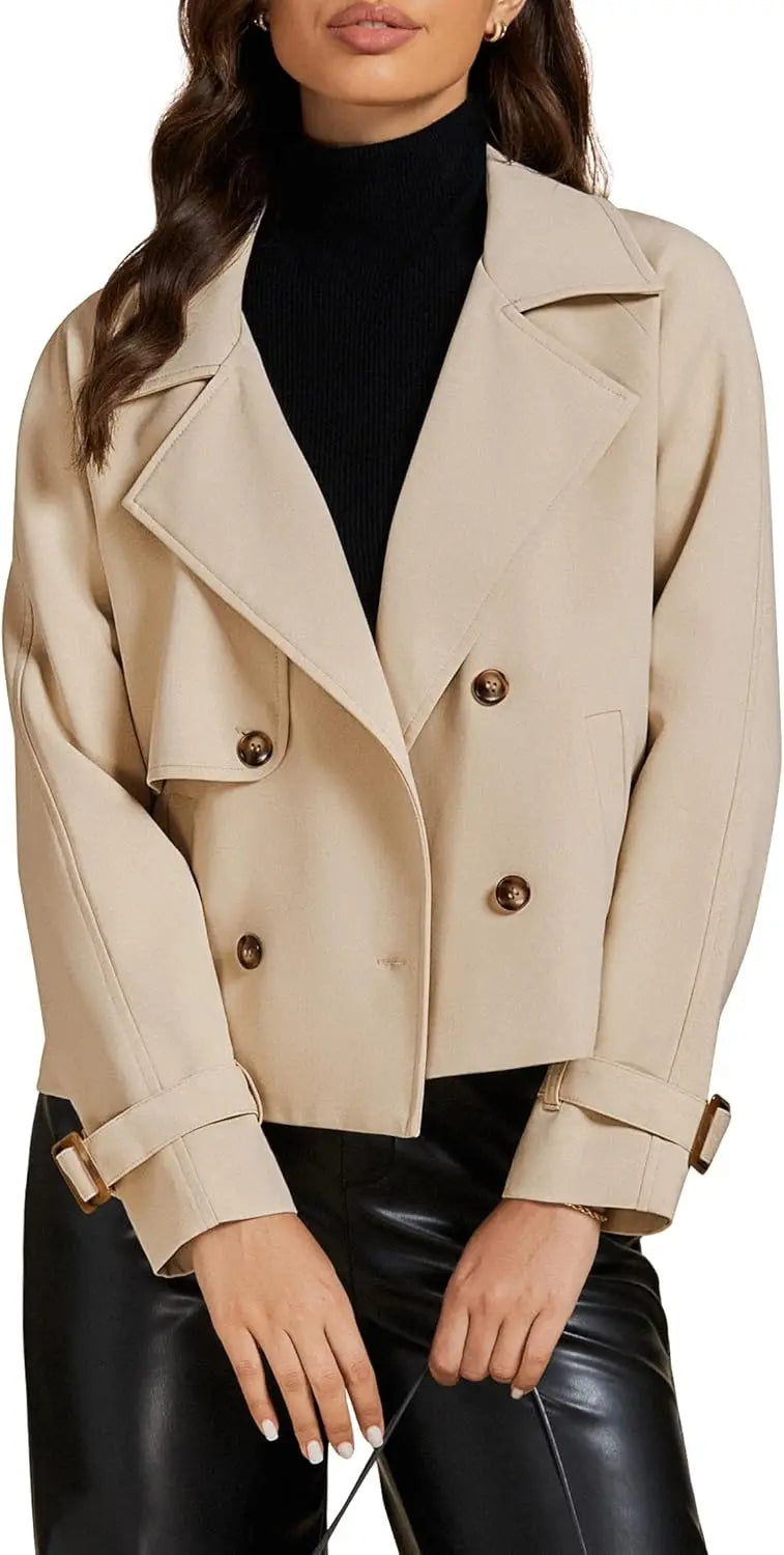 Cropped Trench Coat for Women Long Sleeve Double Breasted Notched Lapel Casual Loose Fit Jackets with Pockets