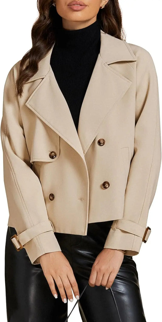 Cropped Trench Coat for Women Long Sleeve Double Breasted Notched Lapel Casual Loose Fit Jackets with Pockets