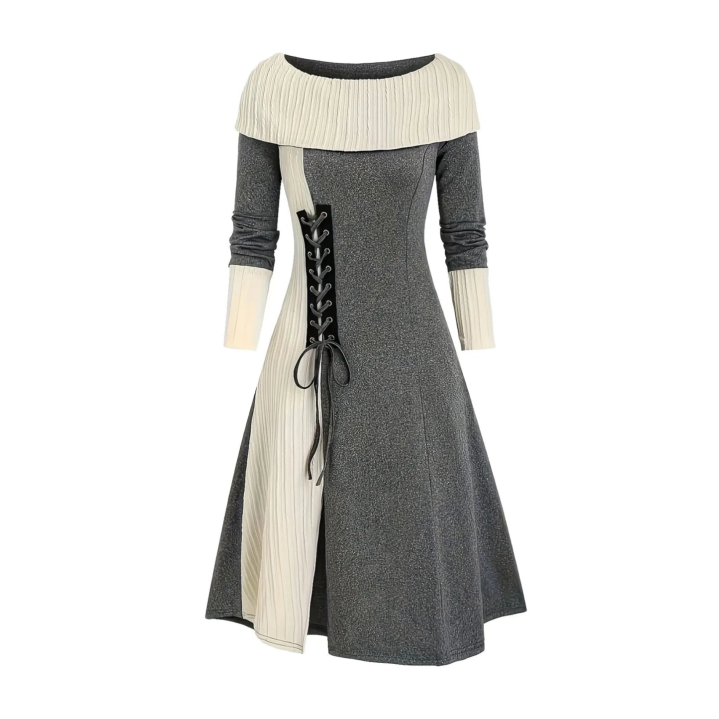 Women's Sweater Dress Cable Knitted Crew Neck Lace Up Bodycon Long Dress High Waist Party Dress