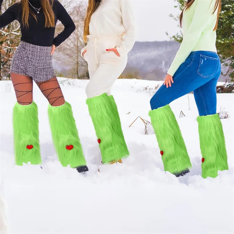 Warm Fuzzy Leggings Heart Patterned Knee High Socks Cozy Boot Cuffs