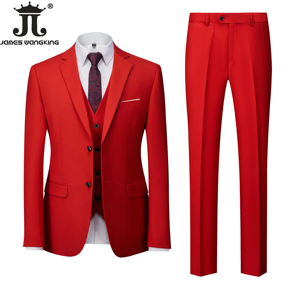 Jacket + Vest + Pants  Boutique Solid Color Men's Official Business Suit Bride's Wedding Dress Party Male Suit