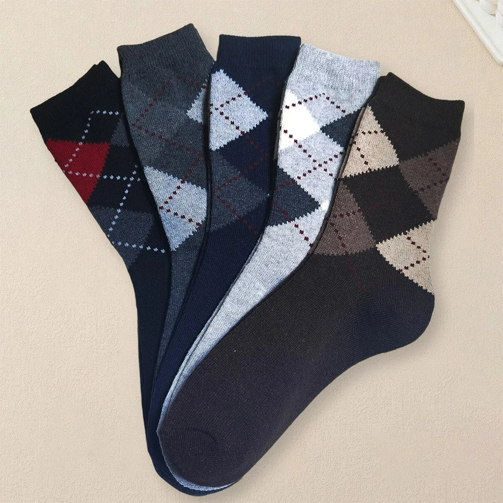 5 Pairs Fashionable Versatile Men Autumn Winter Socks With Geometric Patterns Comfortable Soft and Thickened Casual Socks