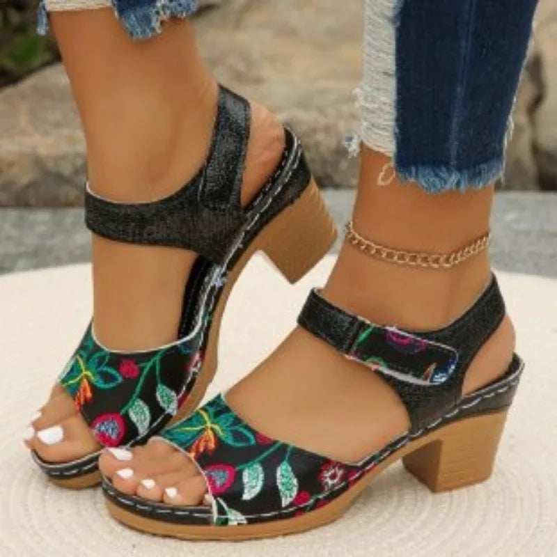 Women's Peep Toe High Heel Sandals Summer Gladiator Shoes Chunky Heel Platform Women's Sandals Flower Ladies Heeled Shoes