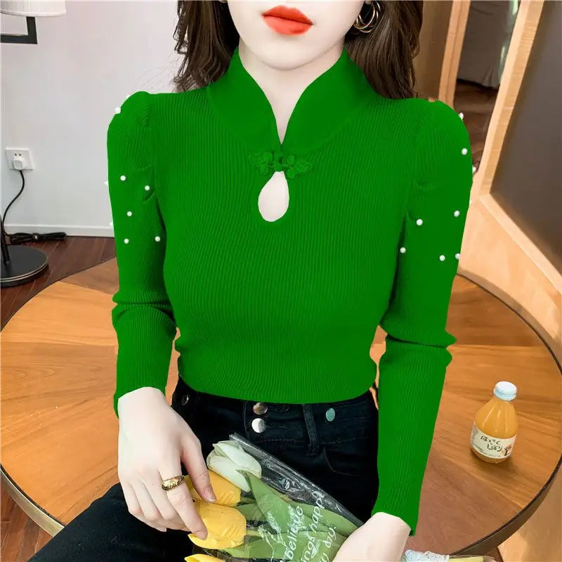 Button Beading Hollow Out Puff Sleeve Shirts