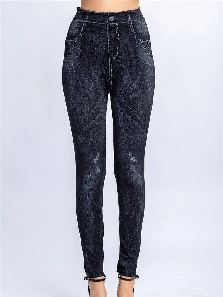 Leggings High Waist Elastic Butterfly Printed Pencil Pants Faux Denim Leggings