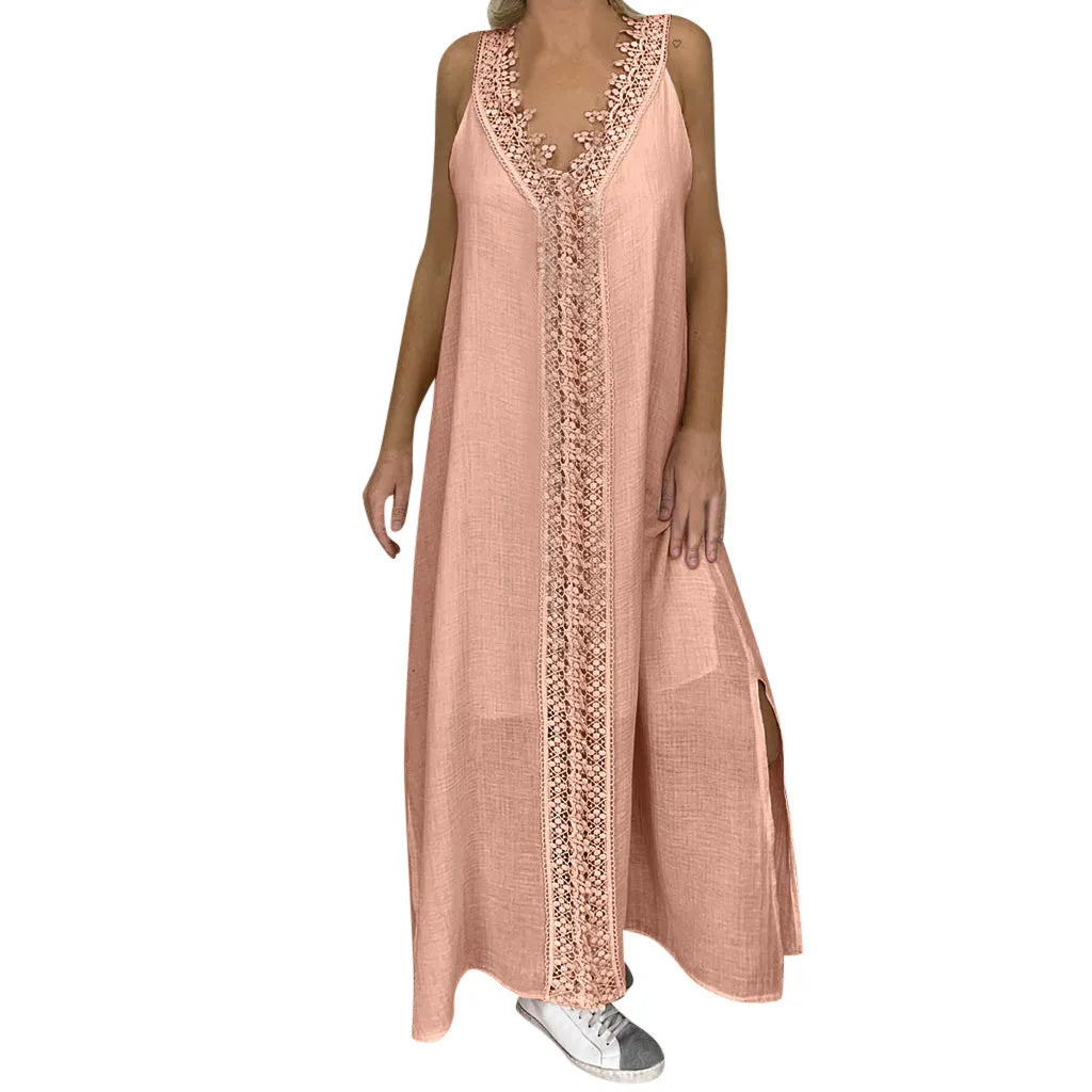 Women's Vintage Sleeveless Lace Spliced Maxi Dress Casual Sundress Summer Plus Size Elegant V-neck Hollow Out Loose Long Dress