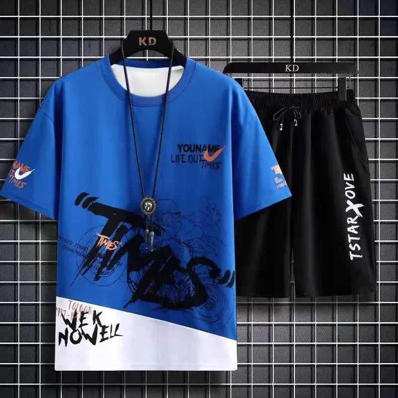 Men's Sets Summer Fashion T Shirts Casual Polyester Gradient Shorts Set Men's Sporty Two-piece Outfit Basketball Tracksuits