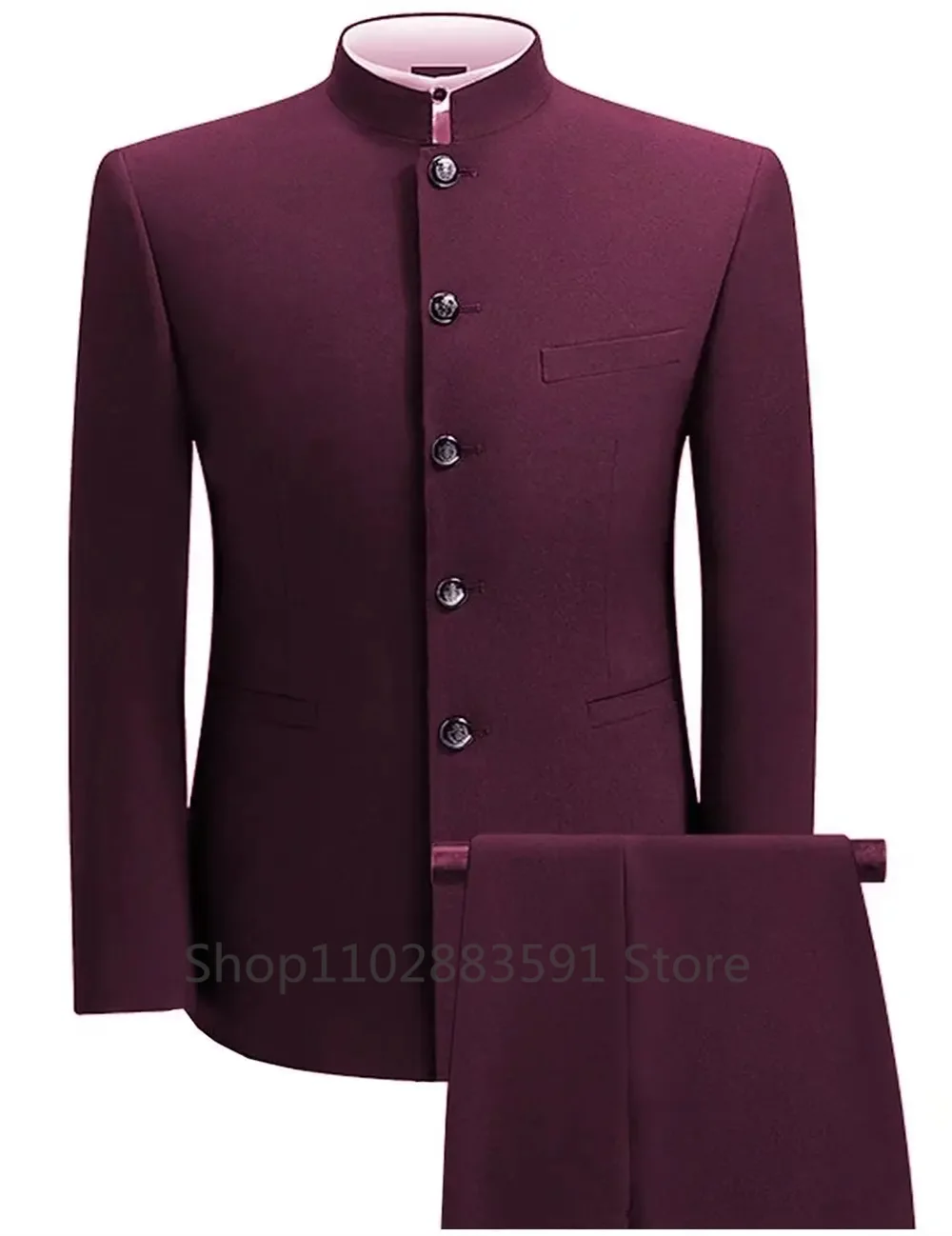 Formal Men's Business 2 Pieces Blazer + Pants Stand Lapel Men's Jacket Flat Suit Slim Fit Coat Groomsmen Party