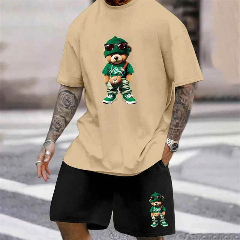 Fun Bear T-Shirt Men's Summer Loose Daily Couple Suit Outdoor Street Short Sleeve Shorts Two Piece Men Summer Suit