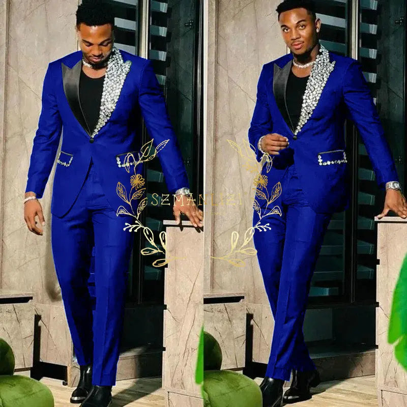 Suits for Men Slim Fit Single Breasted Peak Lapel Blazer High Quality Crystal Prom Party 2 Piece Jacket Pants Sets Terno