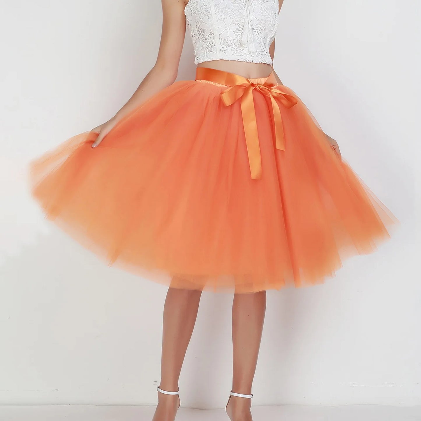 Knee Length Women A-Line Tulle Skirts Lace Up Multi Layered Tulle Petticoat Midi Skirt
