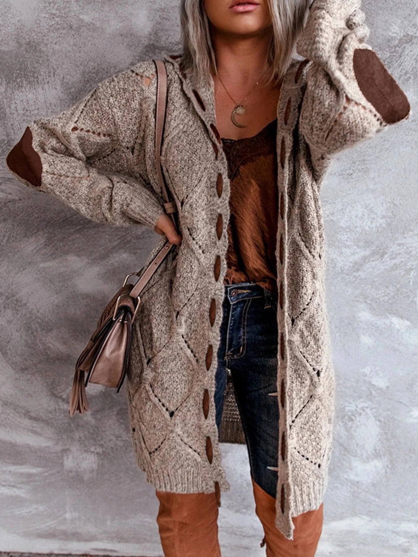 Plus Size Color Block Hooded Cardigan, Elegant Mid-Length Thick Knitted Sweater