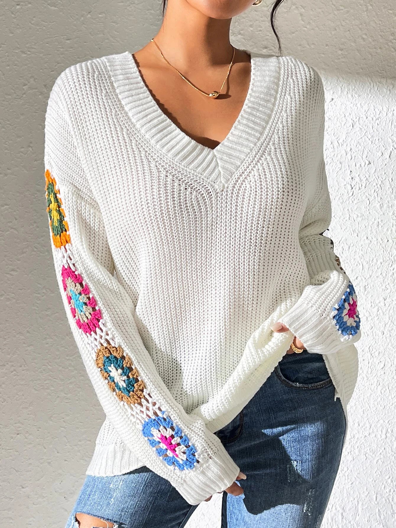 Elegant Solid Color Sweater With Embroidery Design, Unique Cuff Detail, Suitable For All Occasions