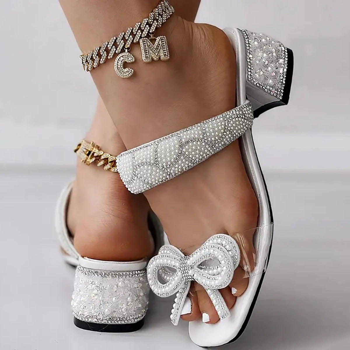 Diamond Bow Sandals And Slippers For Women Thick Heeled Sandals Slippers Large Size  For Women Sexy
