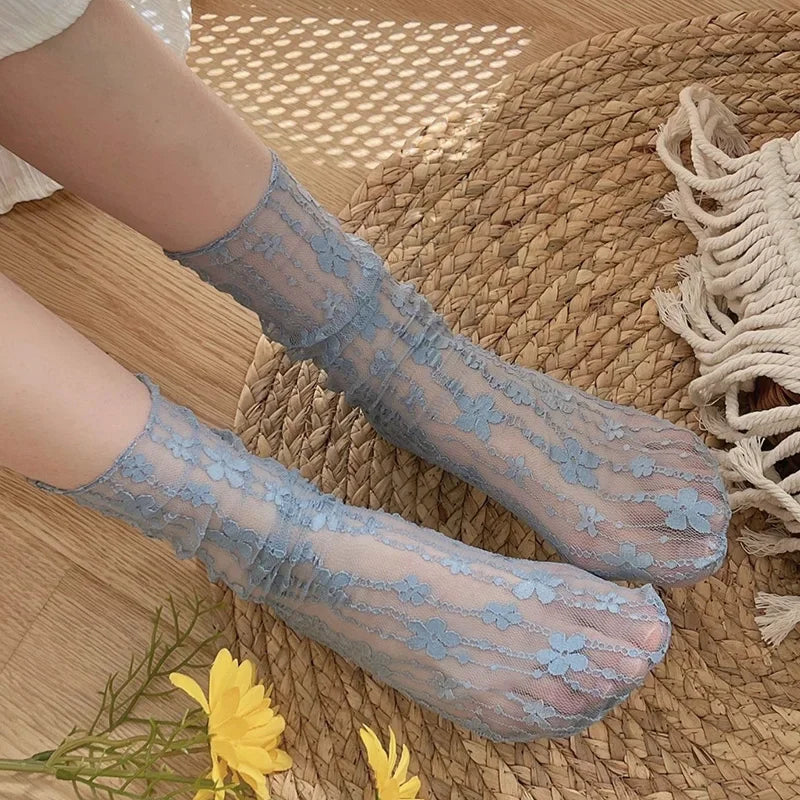 Women's Breathable Transparent Floral Lace Socks Sweet Mesh Fishnet Socks Soft Fun Socks Hosiery