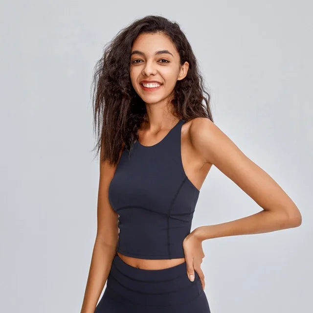 Comfy Cross Back Wide Strap Push-up Sports Bra Shock Proof Running Fitness Crop Top Crew Neck Padded Workout Yoga