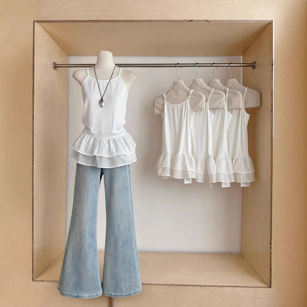 White Camisole Top for Women with Ruffle Double-layer Skirt Women Sleeveless Tank Top Splicing Slimming Strapless Base Vest Tee