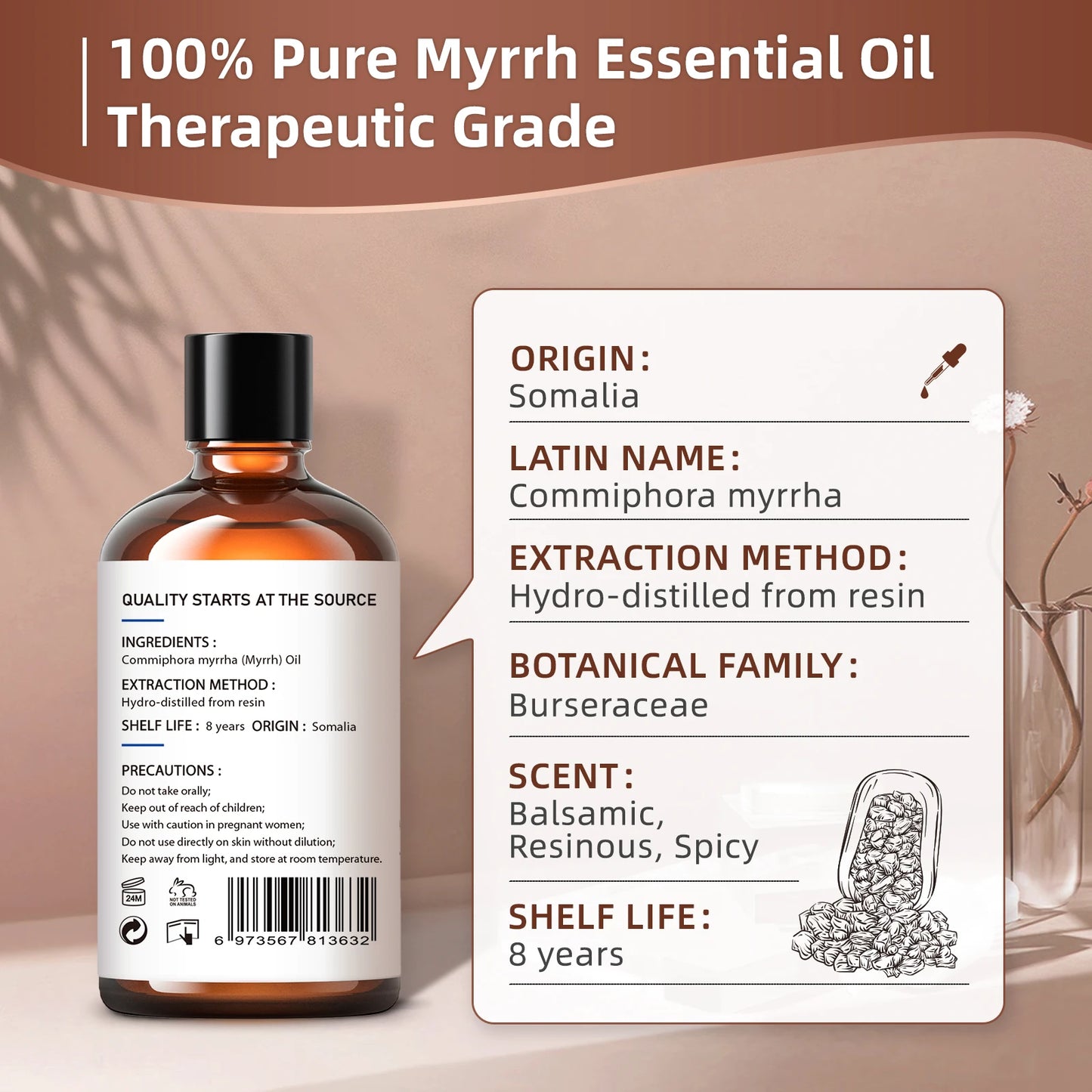 100ML Myrrh Essential Oils,100% Pure Nature for Aromatherapy, Diffuser, Humidifier, Massage, Relieving Stress, Fragrance