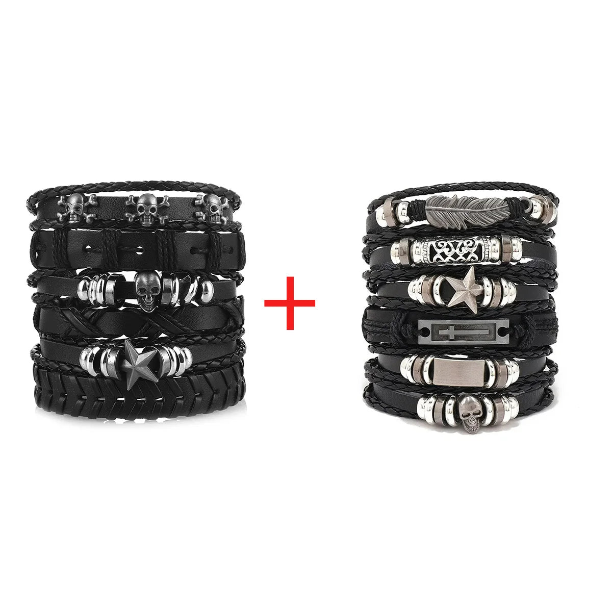 1 Fashion Bracelet Viking  Bracelet For Men Hand Bracelets Woven Skull Hand Jewelry Adjustable Leather Set Bracelet
