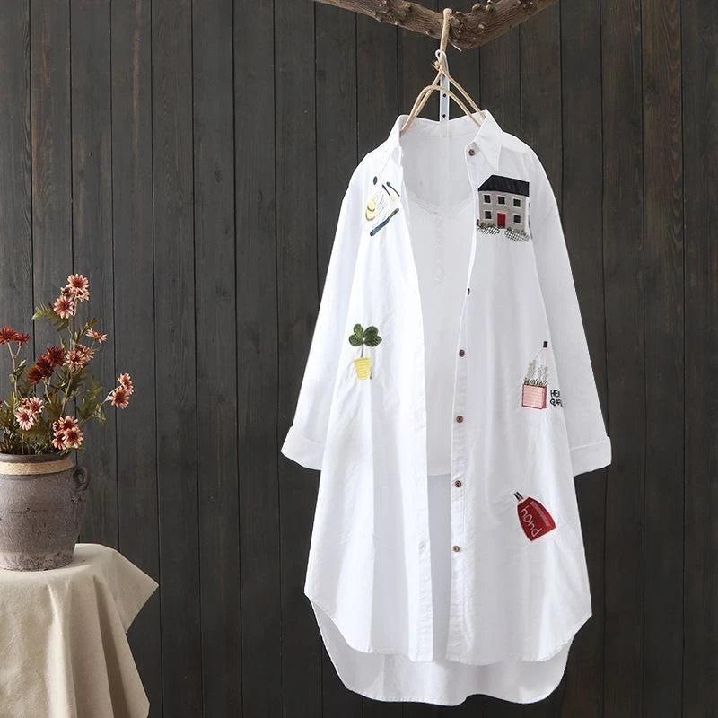Women Cotton Embroidery Loose Long Shirts Casual Office Lady Blouse Female Top Loose shirt