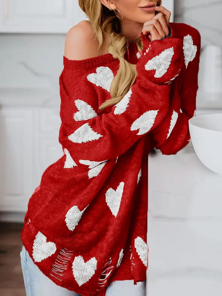 Cute Heart Print Sweaters Oversized Off The Shoulder Loose Knitted  Pullover