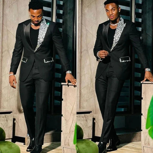 Suits for Men Slim Fit Single Breasted Peak Lapel Blazer High Quality Crystal Prom Party 2 Piece Jacket Pants Sets Terno