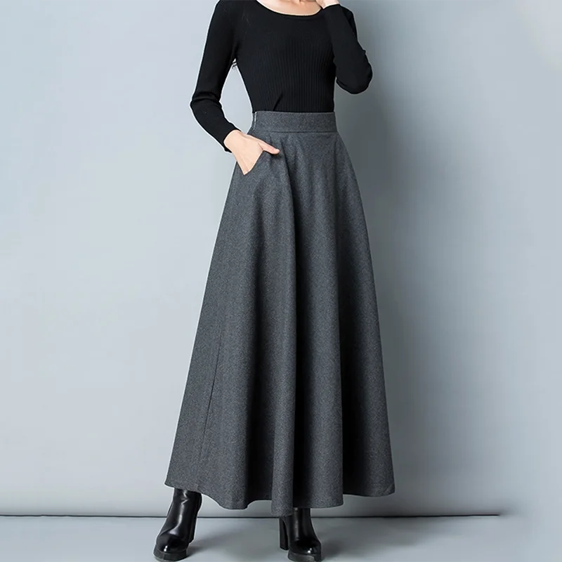 Long Woolen High Waist  A Line Thick Warm Pocket Maxi Skirt