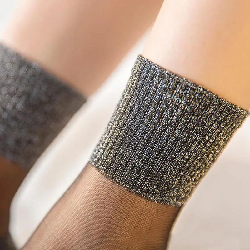 3 Pairs Spring Summer Women's Ultrathin Transparent Socks Glitter Crystal Glass Silk Socks Soft Lace Shiny Elastic Short Socks