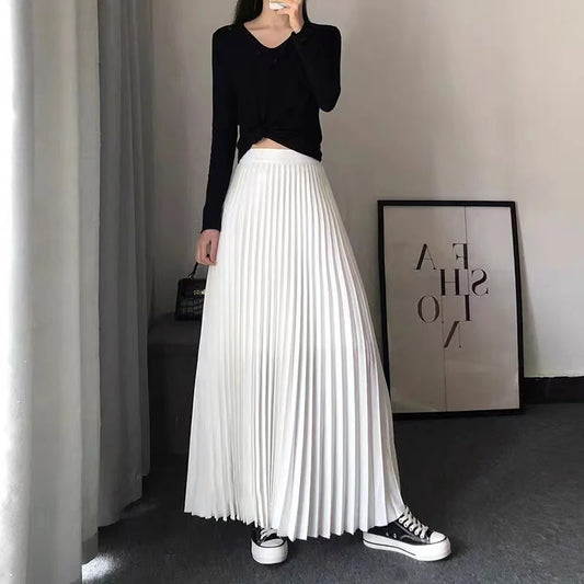 Casual Office  Pleated Skirt  Hight Waist Solid Long Skirt