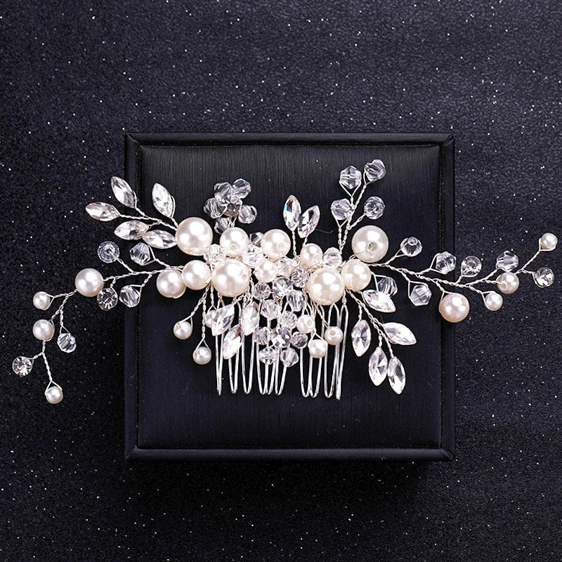 Handmade Silver Crystal Flower Hair Comb Pearl Rhinestone Flower Hair Combs For Women  Hair Jewelry Wedding Hair Accessorie