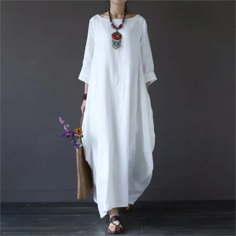 Women's Loose O Neck Large Swing Cotton And Linen Long Dress Spring Summer White Maxi Dresess Women Vintage Women's Dress