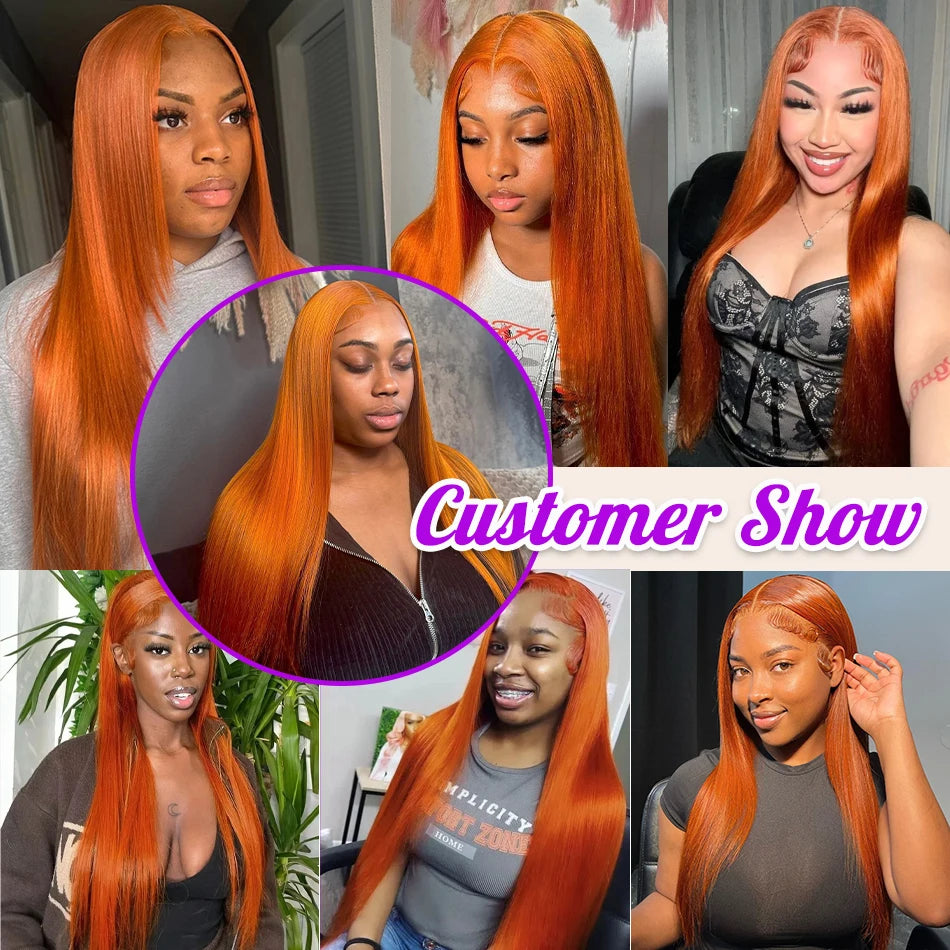 40 Inches Straight Ginger Orange Human Hair Wig Lace Front 13x6 13x4 HD Frontal Colored Wigs