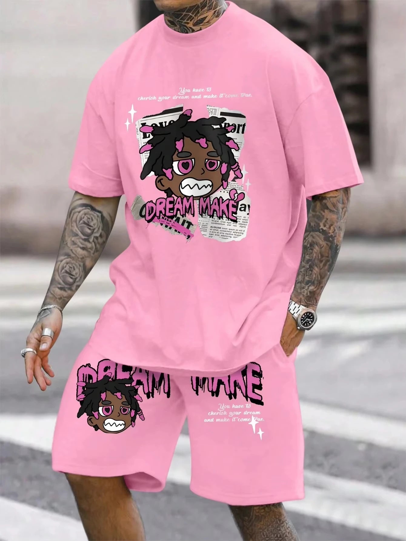 Men's round neck casual summer T-shirt, printed with cartoon characters and letter patterns, lightweight and breathable shorts