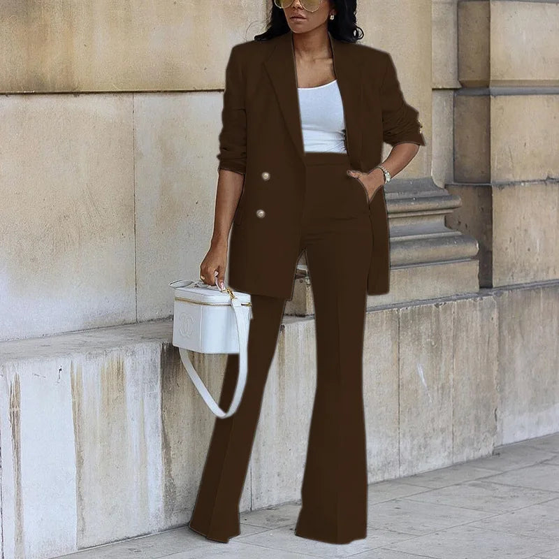 Elegant Women's Double Breasted Long Sleeve Blazers with Pocket and Flare Pants Suit Matching 2 Piece Set Outfits