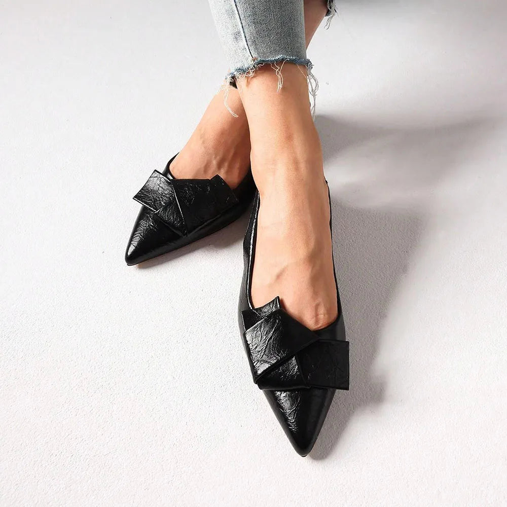 Kitten Low Heels Bownkot Pointy Toe Leisure Sandals Pleated Slip-on Back Strap Flats