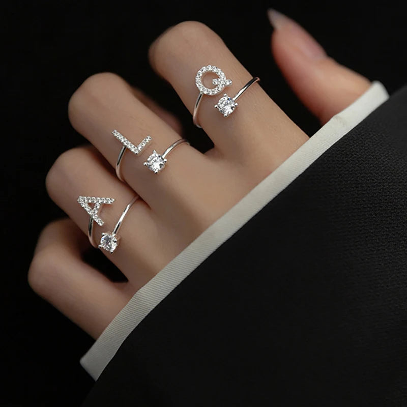 Shining Rhinestone 26 Letters Adjustable Rings  Initial A-Z Alphabet Opening Ring