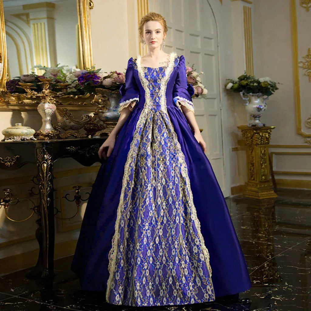 Elegant Temperament Palace Lace Princess Dress Women Medieval Lace Patchwork High Waist Court Dress