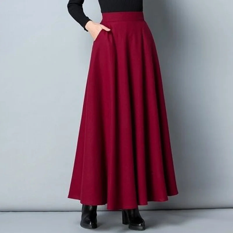 Long Woolen High Waist  A Line Thick Warm Pocket Maxi Skirt