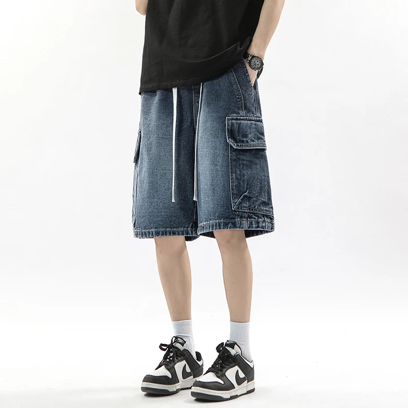 Summer Workwear Denim Shorts Street  Loose Straight Shorts Stretch Waist Casual Jogging Outdoor Five-Cubic Pants