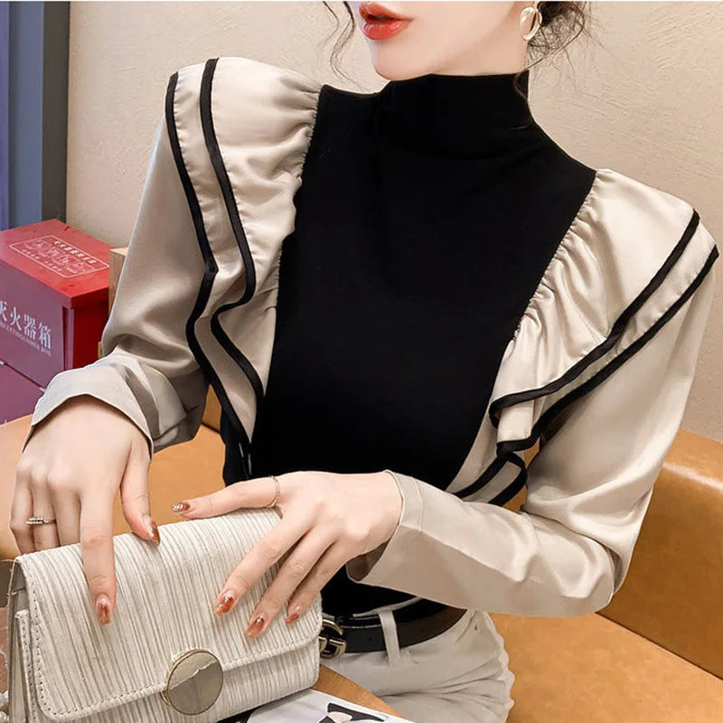 Stylish Turtleneck Spliced Folds Ruffles Blouse